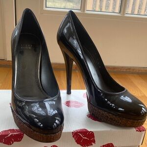 Stuart Weitzman Black Patent Leather Woven Platform Pumps